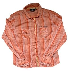 Harley Davidson Women’s‎ Button Down Orange Stripped Snap Button Size Large